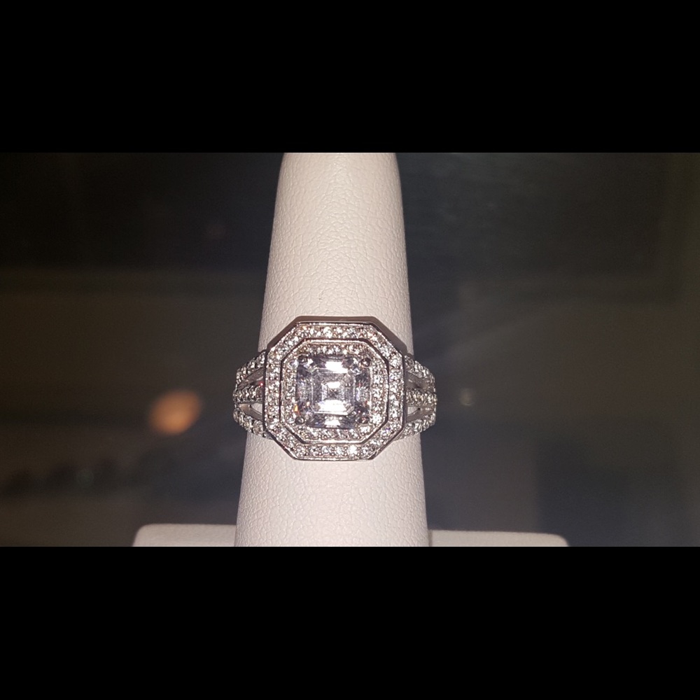 Diamond Ring Asscher Cut Halo Simulant Velvet Box